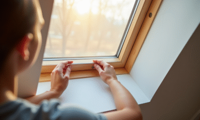 Personne installant une moustiquaire sur une fenêtre Velux dans une pièce lumineuse