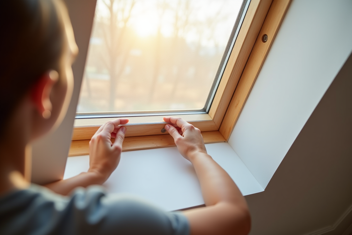 Personne installant une moustiquaire sur une fenêtre Velux dans une pièce lumineuse