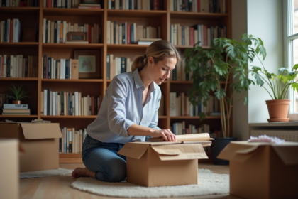Femme emballant des livres dans une bibliothèque chaleureuse