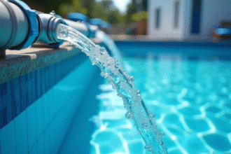 Vue rapprochée d'un systeme de filtration piscine avec bulles d'air