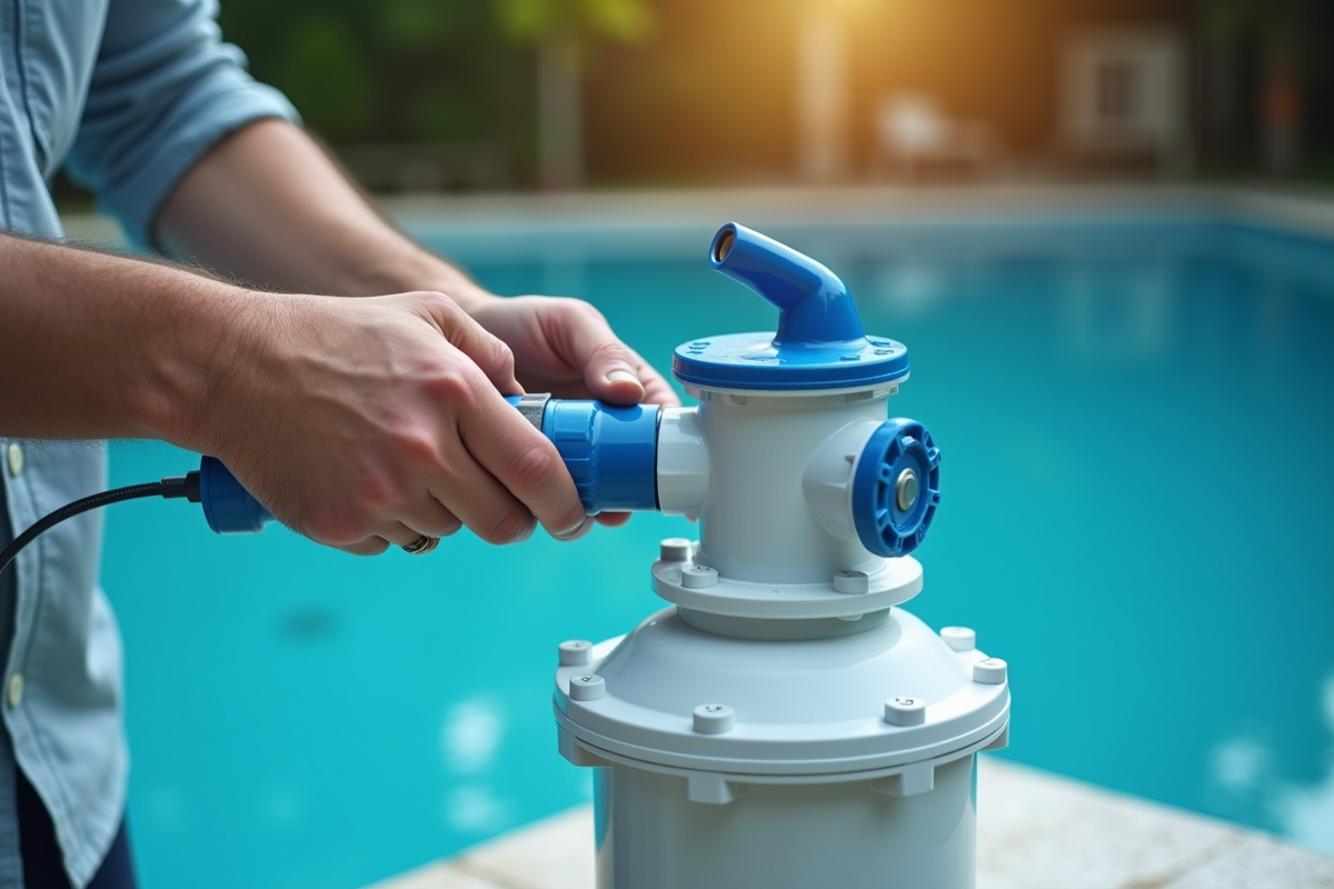Technicien en entretien de piscine utilisant un outil sur la vanne de filtration