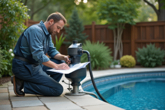 Technicien vérifiant un système de filtration de piscine extérieure