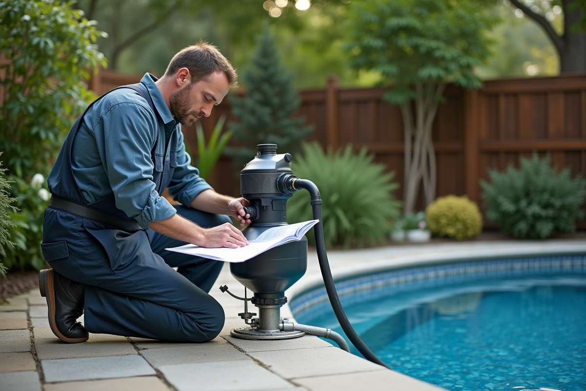 Technicien vérifiant un système de filtration de piscine extérieure