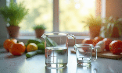 Verre mesureur rempli d'eau dans la cuisine avec ingrédients frais