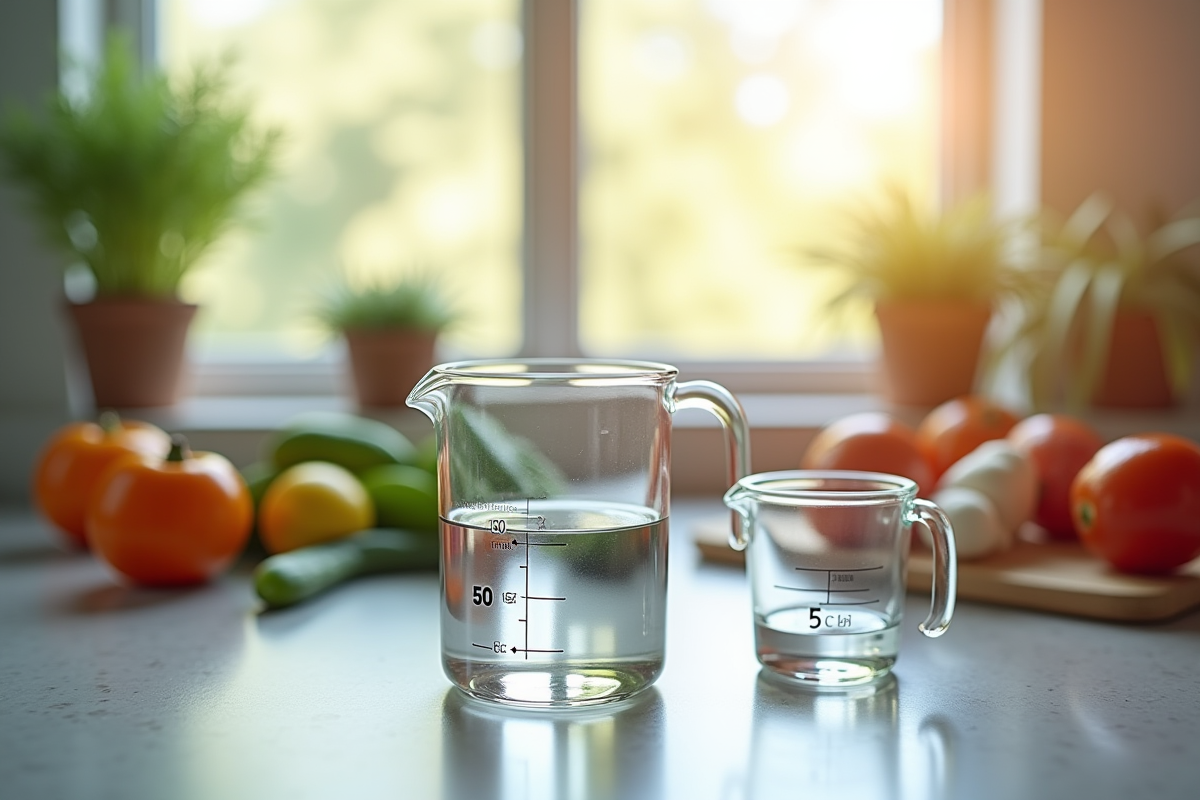Verre mesureur rempli d'eau dans la cuisine avec ingrédients frais